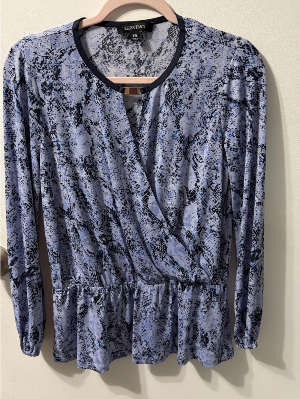 Ellen Tracy Navy and Light Blue Abstract Print Blouse